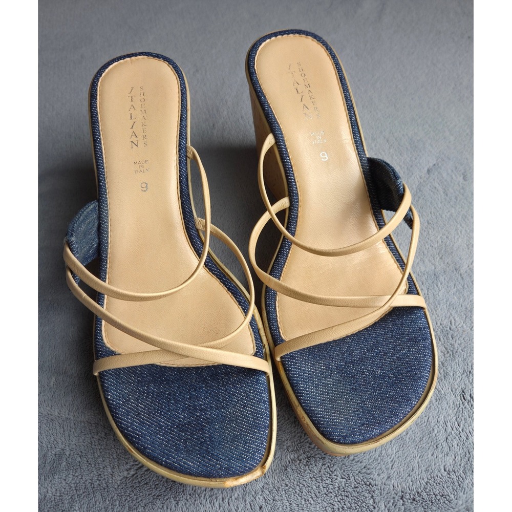 Italian Shoemakers Womens Denim Strappy Wedge Sandals Size 9 Blue Tan Cork